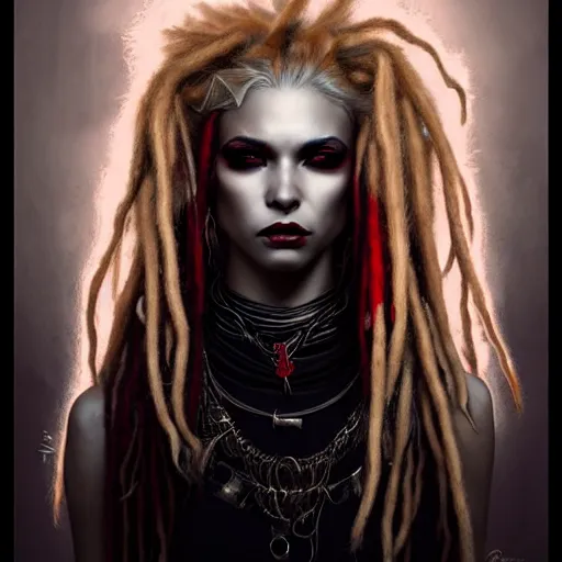 Prompt: portrait of flawless beautiful psychopathic female with blonde and red dreadlocks, dark, piercing eyes, exotic expression, esoteric clothing, photorealistic, highly detailed, mysterious lighting, artstation, smooth, sharp focus, art by artgerm, greg rutkowski and luis royo