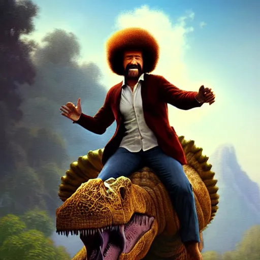 Prompt: bob ross!!! riding!!! a dinosaur!!, giant afro!, model pose, ultra realistic, concept art, intricate details, highly detailed, photorealistic, octane render, 8 k, unreal engine. art by artgerm and greg rutkowski and alphonse mucha