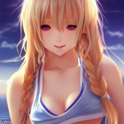 Image similar to a very beautiful young anime basketball girl, full body, long wavy blond hair, sky blue eyes, full round face, short smile, bikini, miniskirt, highly detailed, cinematic wallpaper by stanley artgerm lau