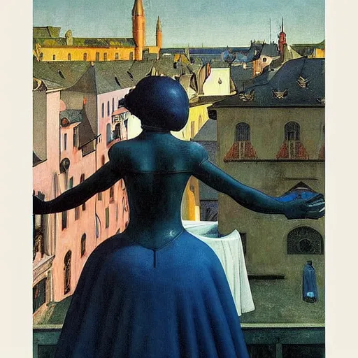 Prompt: a woman in a medieval city, a lots of crows, hyperrealistic film still by edward hopper, by gottfried helnwein, by klimt, by paolo uccello, by johfra bosschart, art nouveau, highly detailed, strong lights, liminal, eerie, symbolist, bright pastel colors