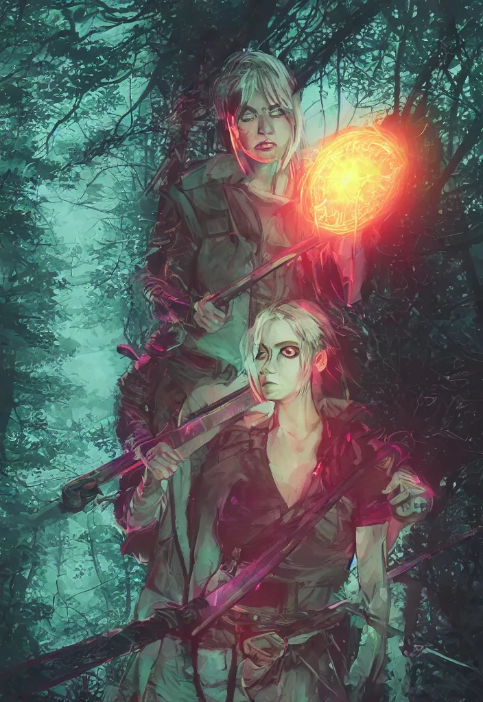 Prompt: , woman with illuminated neon katana in the forest at night, closeup , digital effects fantasy ,digital art, illustration, award winning, professional, stylized, cel shaded