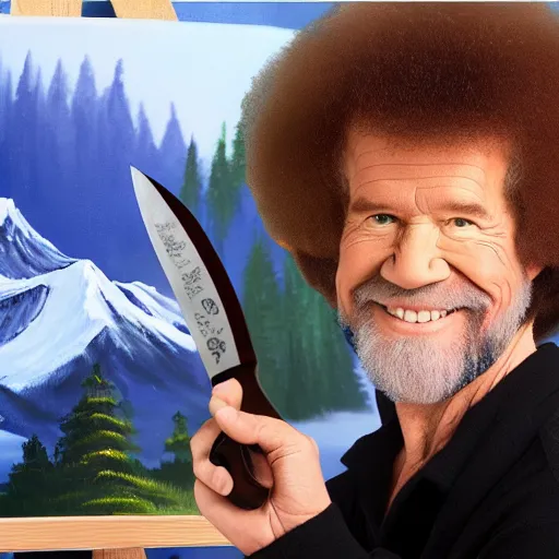 Prompt: bob ross with a knife, 8k