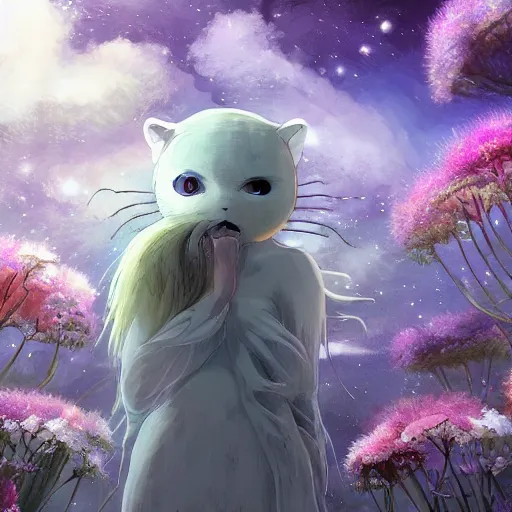 Prompt: detailed spirit creature with eyes in the flowers at night made by studio ghibli, beautiful scene, detailed, high quality, high details, smooth, ghibli artstyle, 8 k,