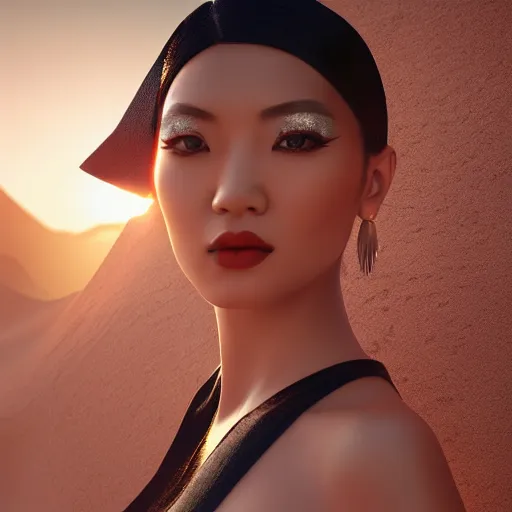 Image similar to innovative avant-garde art, deco fashion, asian women, highly detailed, photorealistic portrait, serene desert setting, golden hour, crisp quality and light reflections, unreal engine 5 quality render