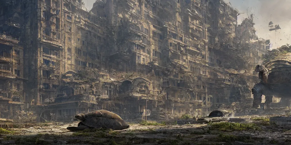 Image similar to abandoned city built on the shell of a huge ancient turtle, greg rutkowski, 8 k, shallow depth of field, intricate detail, concept art,