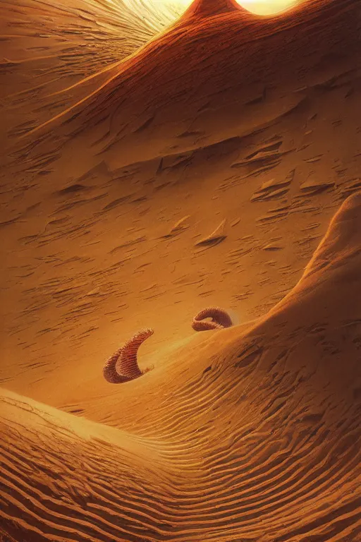 Image similar to a sandworm on arrakis, god emperor of dune, shai hulud, large desert worm by david a hardy, noriyoshi ohrai, gary ruddell, ( greg rutkowski ), salvador dali, moebius, makoto shinkai, highly detailed, cinematic composition, trending on artstation