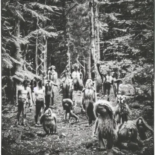 Image similar to a polaroid image of monsters gathering in the forest, grainy