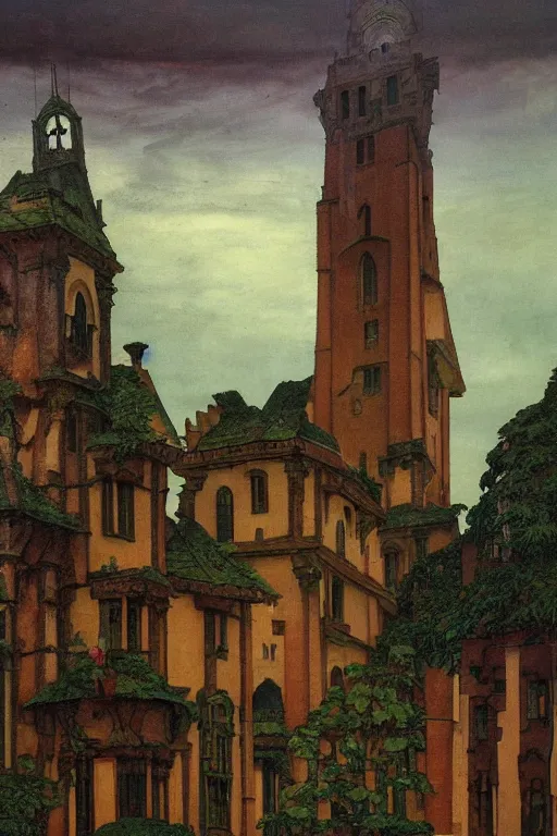 Prompt: view of the old tower and its gardens after a storm, tall windows lit up, beautiful ornamental architecture, dramatic cinematic lighting, rich colors, by Caspar David Friedrich and Diego Rivera and ford madox brown and Nicholas Roerich and April Gornik, smooth, sharp focus, extremely detailed, featured on artstation