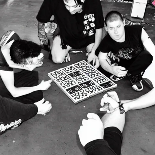 Prompt: Disposable camera picture of punk rockers trying to solve a Rubiks cube