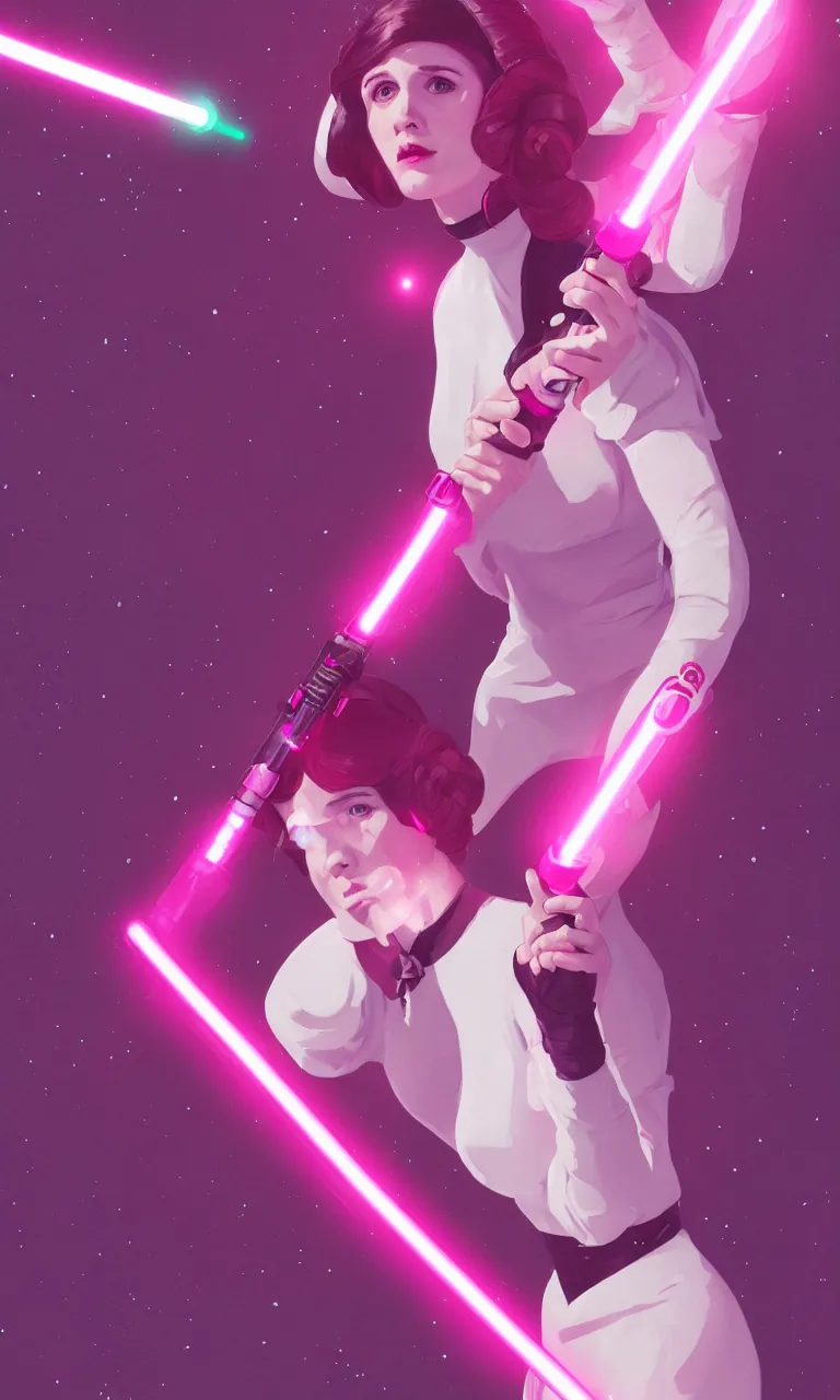 Image similar to Princess Leia wielding a fuchsia light saber, ambient lighting, 4k, alphonse mucha, lois van baarle, ilya kuvshinov, rossdraws, artstation