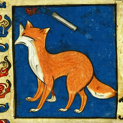 Prompt: anthropomorphic fox who is a medieval knight standing steadfast towards a army of enemy knights, illuminated manuscript