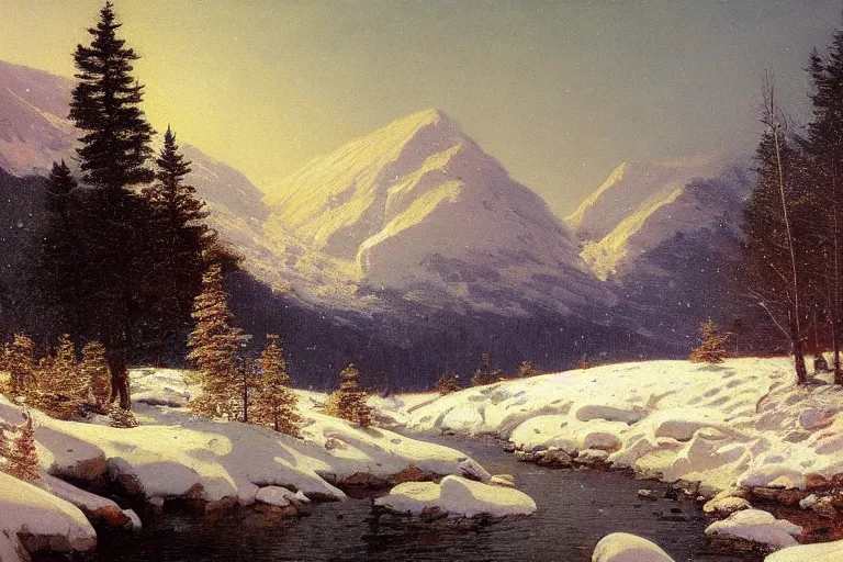 Image similar to mountains, trees, beautiful nature, winter, night, stars, snow, very detailed, focused, oil painting, colorful, canvas, artstation, Sydney Mortimer Laurence, Albert Bierstadt, Theodor Kittelsen