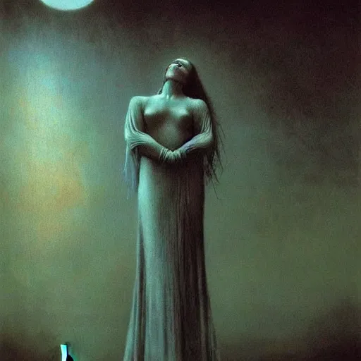 Prompt: majestic pale vampire princess at moon night, by Beksinski