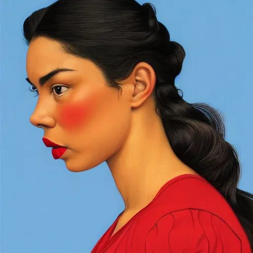 Prompt: a mexican woman's face in profile, red lips, light skin, white background, dynamic, ultra detailed, 4 k, illustration, by kehinde wiley, kadir nelson, john william waterhouse