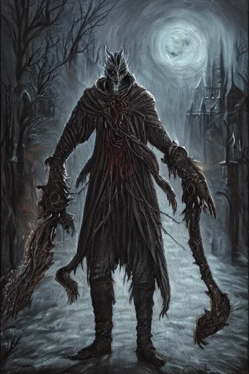 Image similar to bloodborne werewolf oil painting, horror, lovecraftian horror,