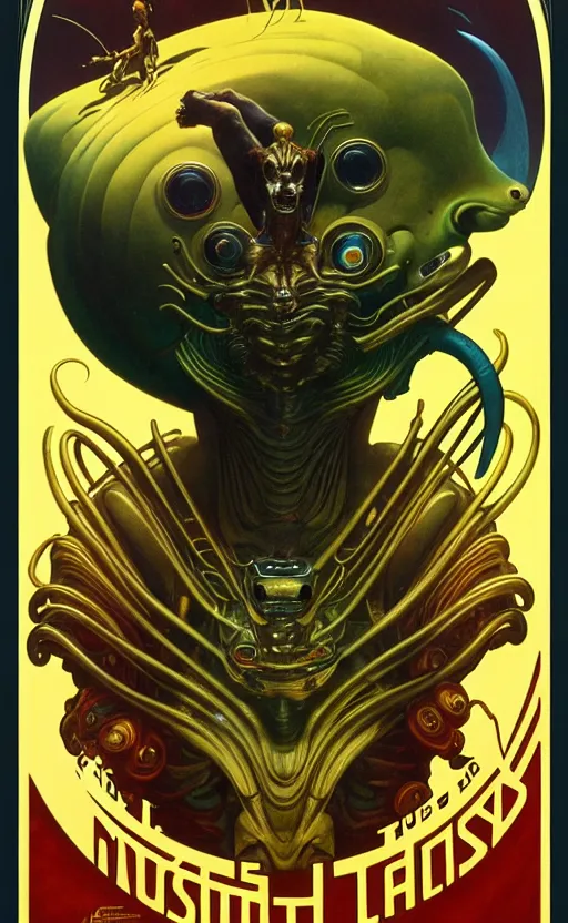 Prompt: exquisite imaginative alien creature poster art, gold, movie art, by lucusfilm, weta studio, alphonso mucha, james jean, frank frazetta, 8 k, denoised