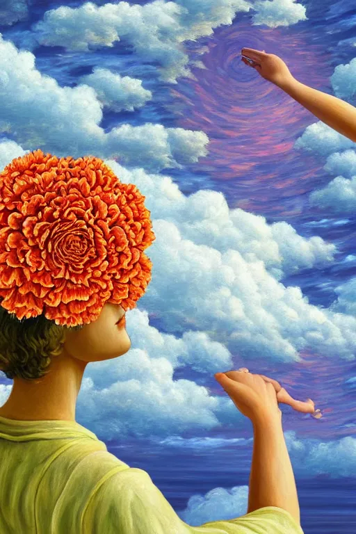Prompt: closeup, giant carnation flower head, woman falling through clouds in sky, surreal, impressionist painting, digital painting, artstation, rob gonsalves