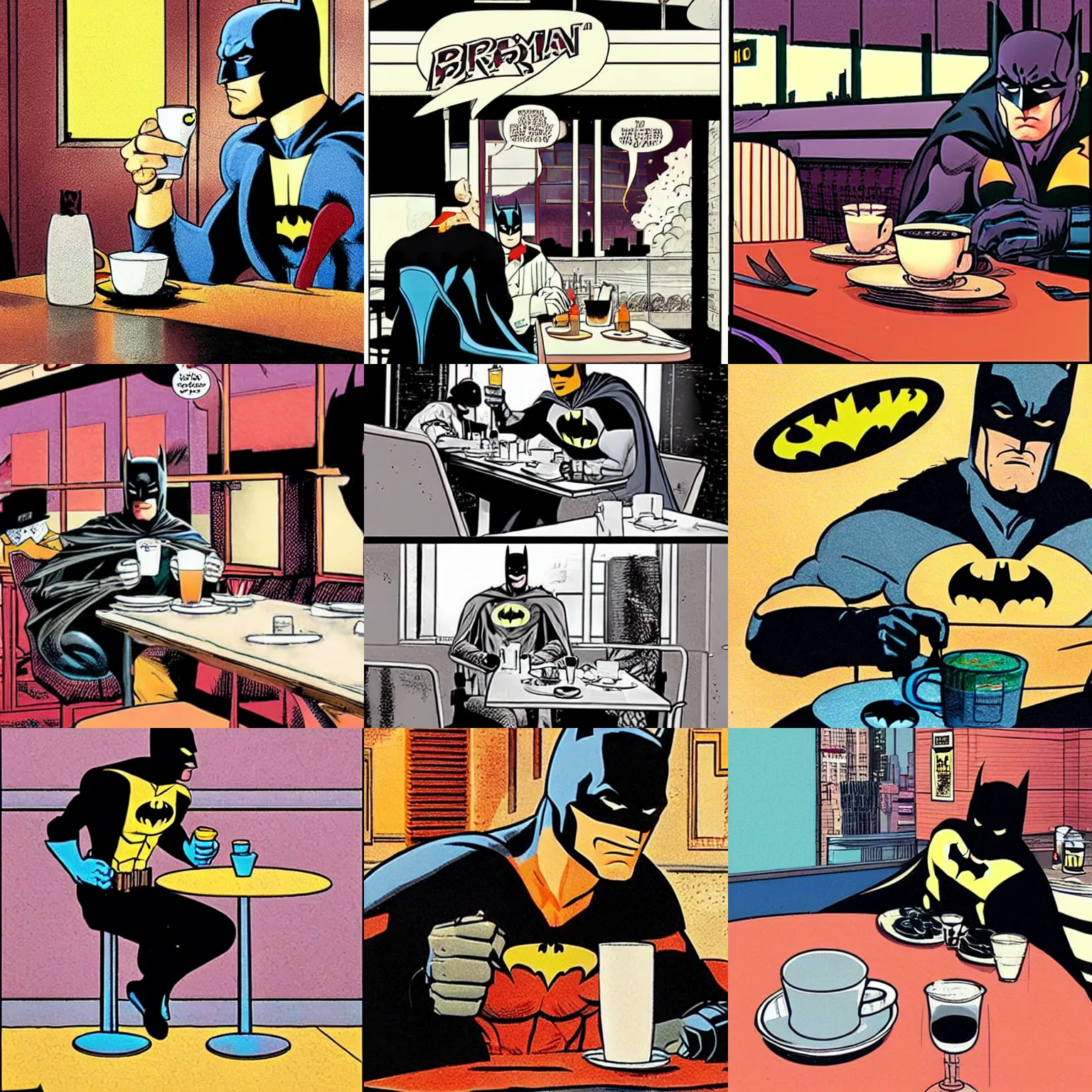 Prompt: Batman drinking coffee in a diner, style of, Moebius, Frank Miller