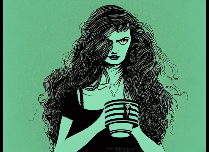 Prompt: portrait of a long haired heroine drinking coffee,vivid, Mads Berg, Karolis Strautniekas, dramatic lighting,film grain, editorial illustration, detailed, gradation, dynamic composition,moody, cinematic,extreme perspective,bright colors, art deco illustration, stippled shading, risograph