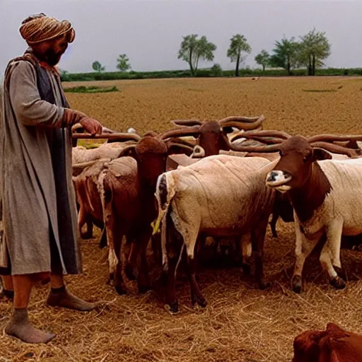 Image similar to cinematic still of farmer in ancient canaanite clothing working with oxen in the field, directed by steven spielberg