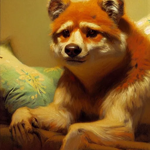 Image similar to a portrait of an animal wearing a shirt and sitting in bed. highly detailed painting by gaston bussiere, craig mullins, j. c. leyendecker, furry