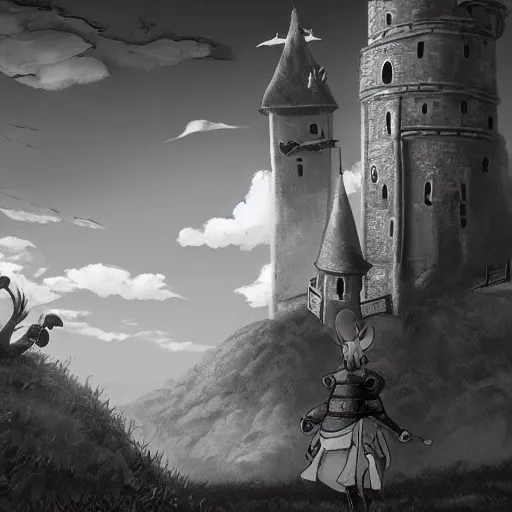 Image similar to a black and white matte painting of an anthropomorphic rat dressed in medieval clothing, renaissance, studio Ghibli, open landscape, plants