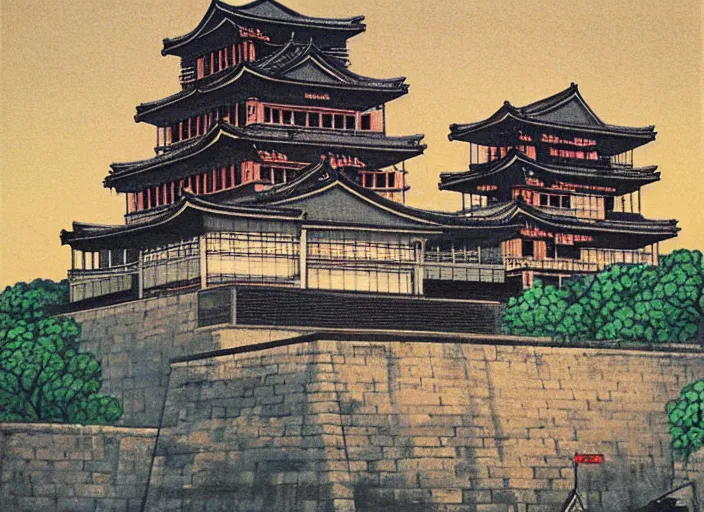 Image similar to vincent di fate's 1 9 8 0 cozy, simple painting of hiroshima castle in hiroshima. cyberpunk style.