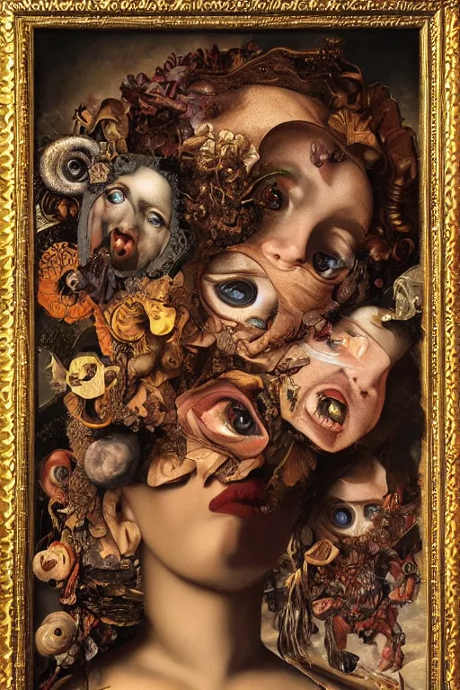 Prompt: Detailed maximalist portrait with large lips and with large wide eyes, surprised expression, extra flesh and eyes, HD mixed media, 3D collage, highly detailed and intricate, surreal illustration in the golden ratio, in the style of Caravaggio, dark art, baroque