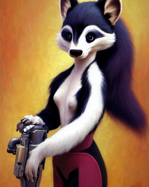 Prompt: painting of anthromorphic female skunk wearing starfleet uniforms, zootopia, fursona, furaffinity, 4 k, deviantart, furry art, wolf fursona, very expressive detailed feminine face, gaston bussiere, craig mullins, jc leyendecker, gustav klimt, artgerm, greg rutkowski, alphonse mucha