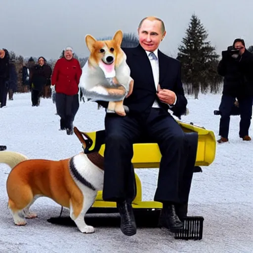 Prompt: vladimir putin riding on a corgi dog