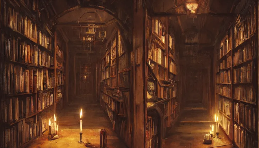 Image similar to Stefan Koidl's painting of a deep dark creepy victorian corridor with bookshelves everywhere and two candles. 4k, octane, digital painting, artstation, concept art, sharp focus, illustration, art by artgerm and greg rutkowski and alphonse mucha.