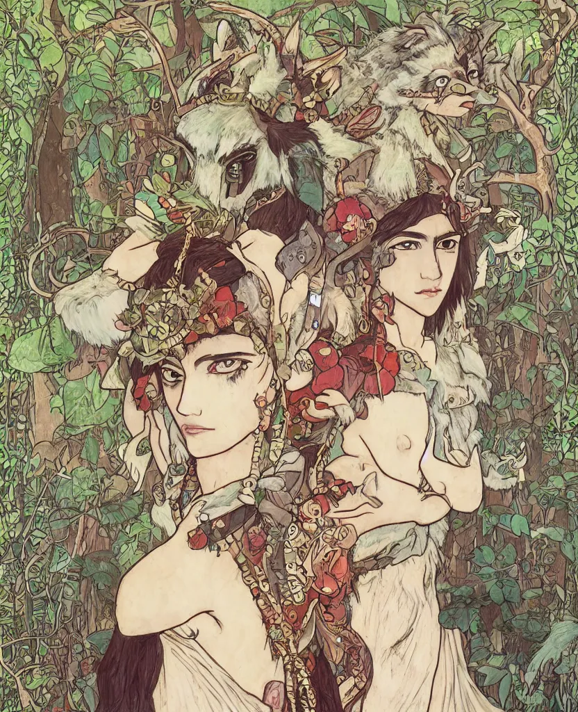 Image similar to portrait of Princess Mononoke wearing her mask, lush forest landscape, style Mucha, gems and gold, waterfalls, denoised, sharp,