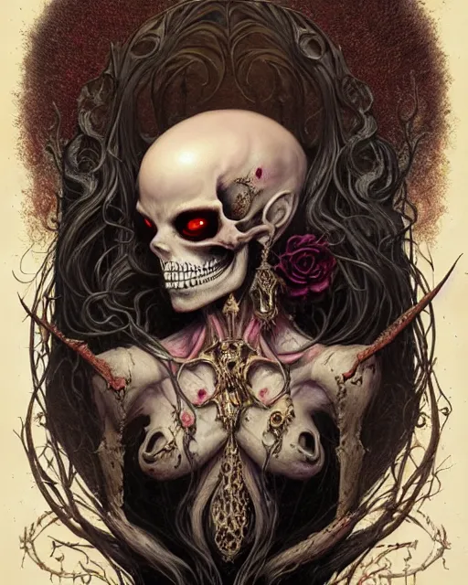 Image similar to perfectly centered portrait front view of a angry dead rotten beautiful female skull growing ornamentation all around, ornate, detailed, symmetrical, elegant, beautifully soft lit, by wayne barlowe, peter mohrbacher, kelly mckernan