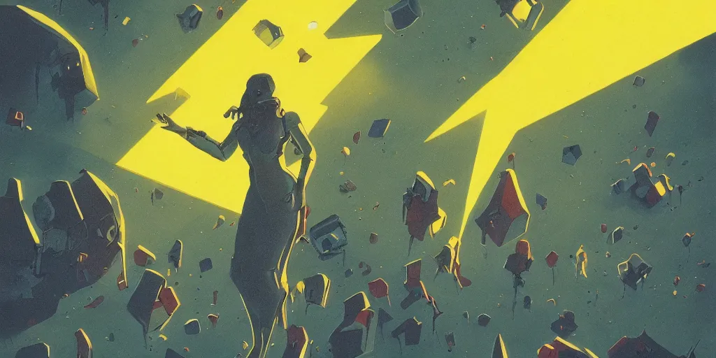 Image similar to sci - fi, matte gouache illustration, gigantic woman speaking to floating cats in the air, cubes of ice around, a lot of tears, people crying, ominous, style by moebius. yellow colors