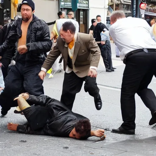 Prompt: 3 drunks fall over in the street