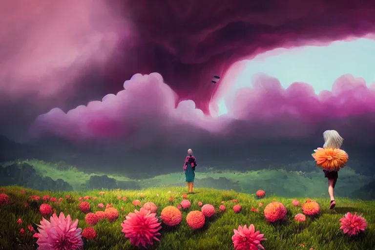 Image similar to giant dahlia flower blooming head, girl walking on mountain, surreal photography, pink storm clouds, dramatic light, impressionist painting, digital painting, artstation, simon stalenhag