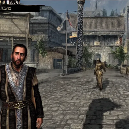 Prompt: screenshot of nicolas cage in the market district of imperial city, from elder scrolls