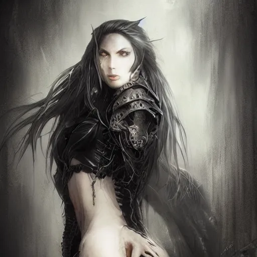 Image similar to kerli koiv, grimdark, darkwave, darksynth character portrait, sharp, digital matte painting, art by luis royo, greg rutkowski, wlop, dramatic lighting, trending on artstation