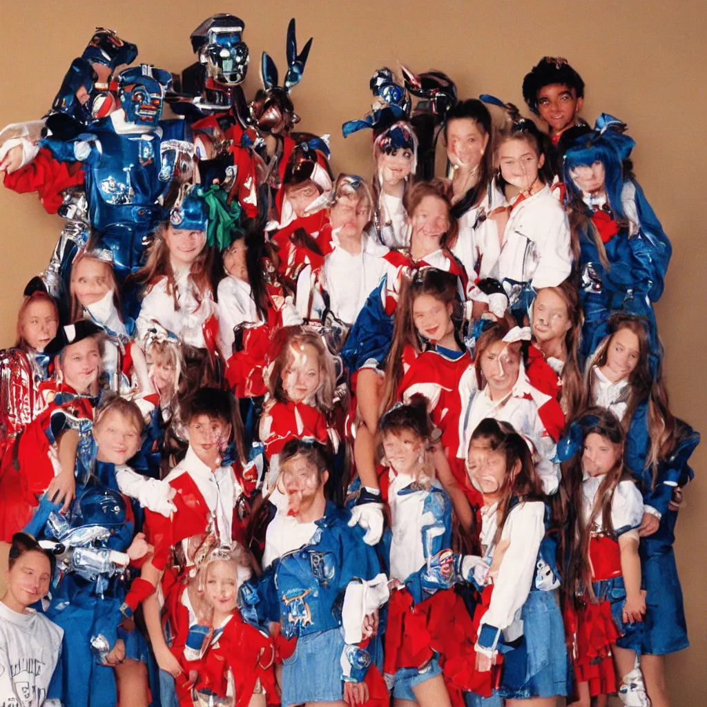 Prompt: 1990s candid photo of a middle school home coming dance portrait with robot warrior rabbits, cinematic, UHD