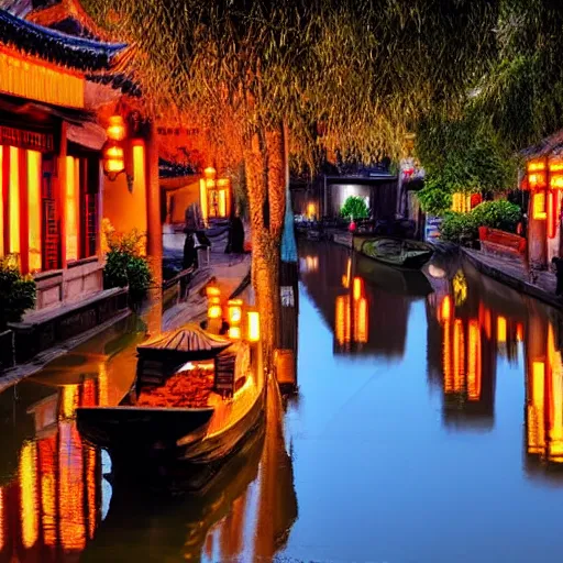 Image similar to evening water town in the south of china, zhouzhuang ancient town, sunset glow, super realistic photo