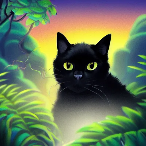 Prompt: a black cat seated on a rock in a jungle!, mist, tropical trees, vines, birds, sunset!, fluffy clouds, warm colors, beautiful lighting, digital art, intricate details, trending on artstation