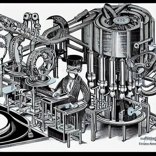 Prompt: anthropomorphic factory machine by boris artzybasheff and dr. seuss
