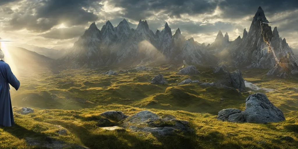 Prompt: a beautiful wide shot of donald trump in gandalf's robes facing the camera, the panorama of middle earth in the background, intricate detail, god rays, photography, volumetric light, cinematic, 8 k