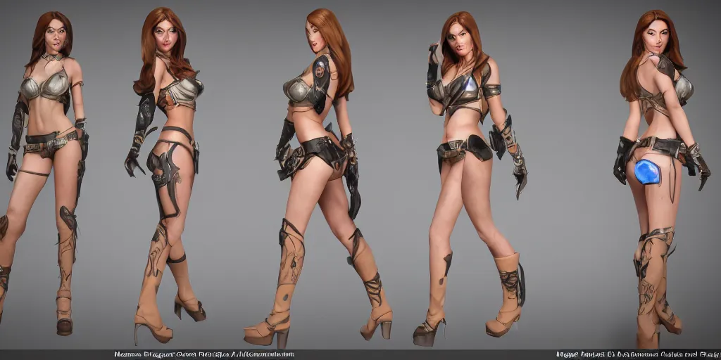 Image similar to character sheet of Megan Fox dressed like Caitlyn in the game League of Legends, with a background based on the game League of Legends, 3d render, octane render, iRay, ray tracing, realistic, highly detailed, trending on artstation, 4k, cgsociety, unreal engine 5, redshift render, blender cycles, behance, cg