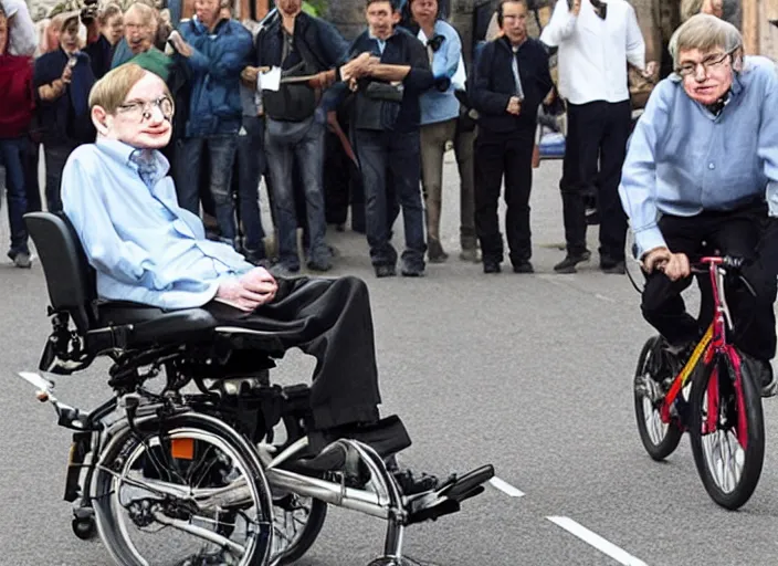 Prompt: stephen hawking is riding a bicycle, editorial footage