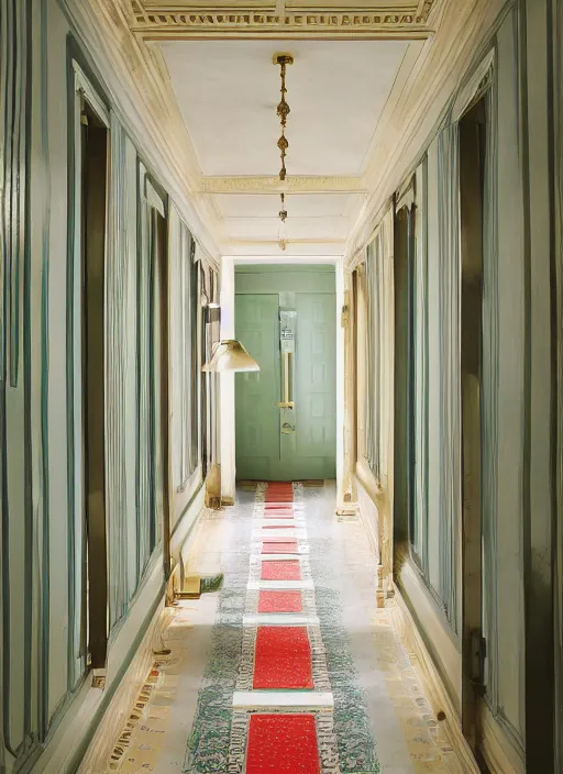 Image similar to photograph of a hallway in the style of Wes Anderson, architecture magazine, dezeen, 50mm, pentax, film