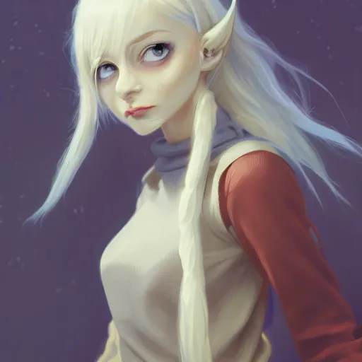 Image similar to a pale demoness with white hair, yellow eyes and horns wearing sweater and overalls on top. highly detailed, digital painting, artstation, matte, by makoto shinkai, animation style