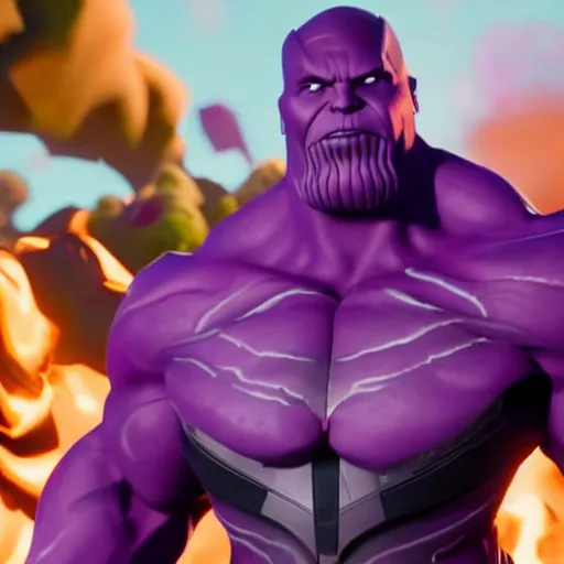 Image similar to a dramatic picture of thanos in fortnite, stunning screenshot