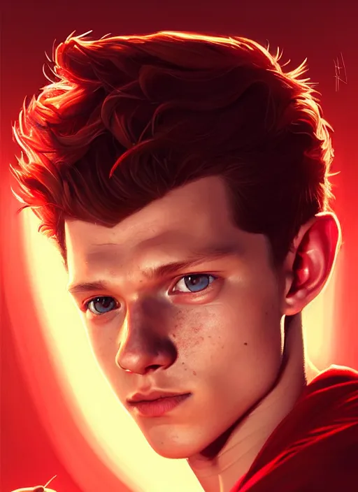 Image similar to portrait of tom holland with hazel eyes, hazel eyes, red shirt, intricate, elegant, glowing lights, highly detailed, digital painting, artstation, concept art, smooth, sharp focus, illustration, art by wlop, mars ravelo and greg rutkowski