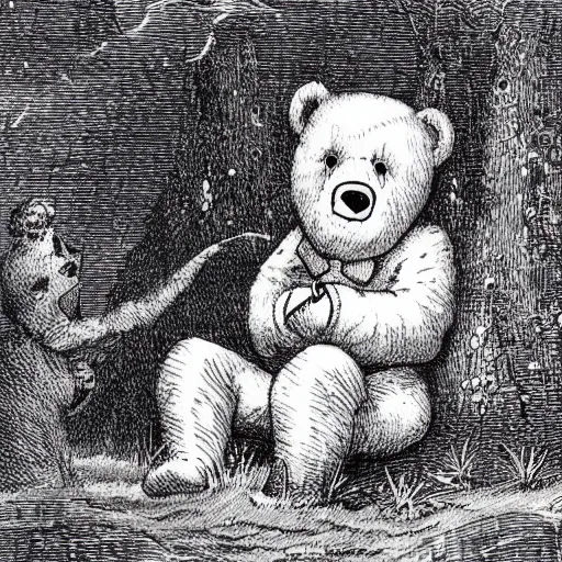 Prompt: found footage of floating teddy bear mask. space opera. b & w grainy. children illustration. art by gustav dore